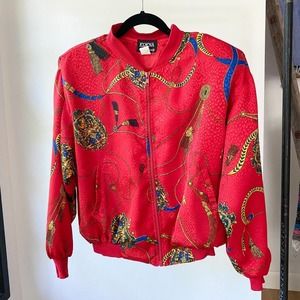 ERENA by IRENE KOENIG Women's Vintage Red Multi Coat of Arms Bomber Jacket sz M